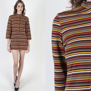 Rainbow Striped Micro Mini Dress / Thin Horizontal Geometric Print / Vintage 70s Shift Disco Party Dress / Multi Color Womens Mod Outfit 