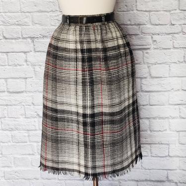 Vintage Wool Plaid Skirt // Red Black and White with Belt and Fringe Hem 