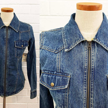 Vintage Arizona Jean Company Denim Shirt Heavyweight Zip Front Collared Lightweight Denim Jacket Long Sleeve Top Collar Medium Small XS 