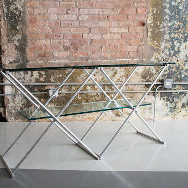 Vintage Leather, Aluminum and Glass Console Table