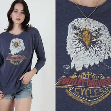 Vintage 80s Harley Davidson Motorcycles Biker Eagle Shield Long Sleeve Navy Blue T Shirt 