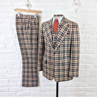 Size 40, 31x32.5 Vintage 1970s Men’s 3p Plaid Wool Suit 