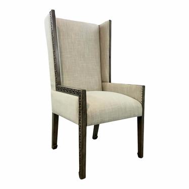 Transitional Carved Wood Linen Wingback Chair