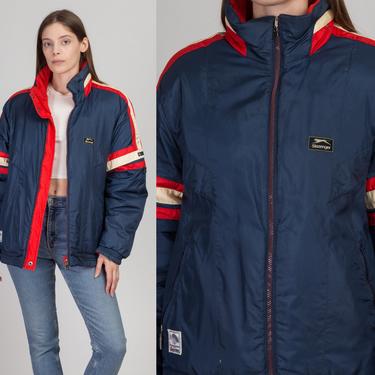 90s Slazenger Reversible Blue & Red Puffer Jacket - Large | Vintage Unisex Color Block Striped Winter Ski Coat 