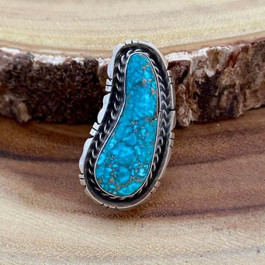 RING IT ON Betta Lee Turquoise &amp; Silver Ring, Large Statement Navajo Feather Design | Native American Southwestern Boho Jewelry | Size 9 1/2 