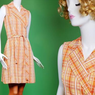Vintage 60s poly plaid dress. Orange & yellow. By Country Miss. (Size S/M) 
