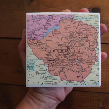 1993 Rhodesia Vintage Map Coaster - Ceramic Tile - Repurposed 1990s George Philip & Son Atlas - Handmade - Zimbabwe - Africa - African Decor by allmappedout