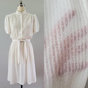 1970s does 1930s Sheer Dress in White with French Dot and Stripe Weave 70s Dresses 30s Dresses 70's Women's Vintage Size XL 