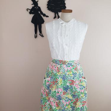 Vintage 1960's Floral Print Skirt / 70s Multicolor Cotton Skirt XL 