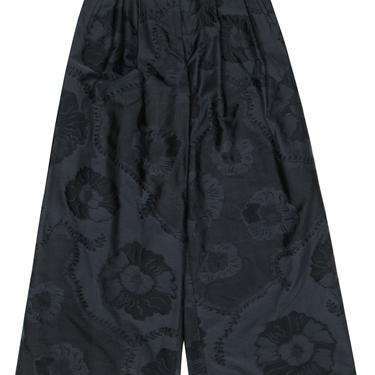 Adam Lippes - Black Floral Embroidered Wide Leg Pleated Trousers Sz 6
