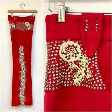 Vintage 1960s-70s Red Rhinestone Cowgirl Pants, 60s-70s Custom Bell Bottoms, Fancy Rockabilly Stage Pants, Small 26&quot; Waist 