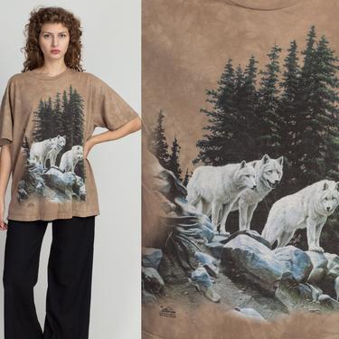 Vintage Wolf Pack Tie Dye T Shirt - Men's XL | Y2K The Mountain Unisex Tan Nature Print Graphic Tee 