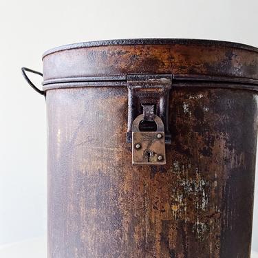 Large Industrial Era Lidded Butter Cannister Patina Iron Vintage Folk Handmade Steampunk Apothecary Art Deco Machine Age 