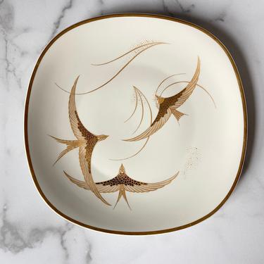 Vintage Jaeger Germany Square Platter with gold birds on ivory porcelain, mid century modern aesthetic 