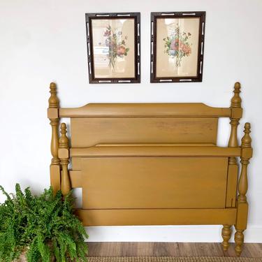 Antique Wooden Bed Frame - Yellow Headboard and Foot Board - Vintage Twin Size Bed 