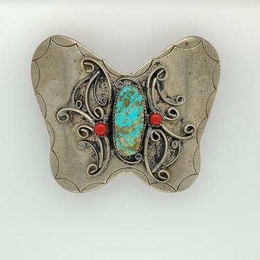 Vintage Butterfly Turquoise Coral Alpaca Silver Belt Buckle Squaw Wrap Handmade 