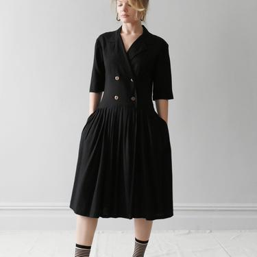 vintage linen blend shirtwaist dress / black pleated midi dress / S 