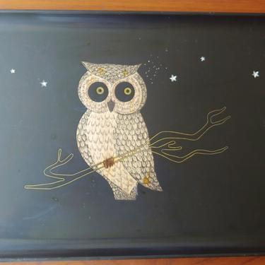 Mid Century Modern Couroc of Monterey Inlaid Owl Serving Tray 