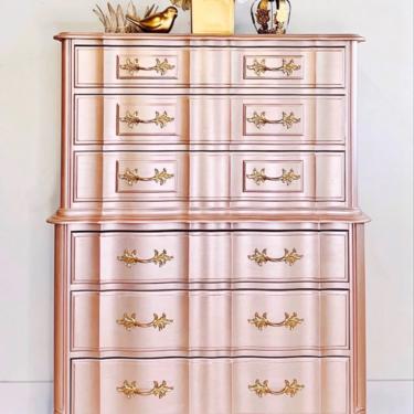 Rose Gold French Chest, Tall boy, French Provincial, Vintage, Antique, HandPainted, Pink, Metallic 