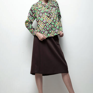 70s does 50s skirt &amp; blouse set matching brown green geometric diamond LARGE L 