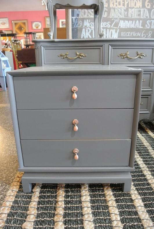 Grey painted nightstand with copper pulls