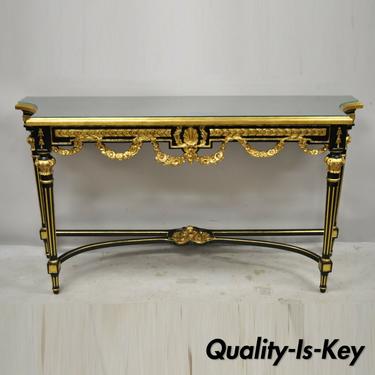 Labarge French Louis XVI Italian Black Lacquer Gold Gilt Jansen Console Table