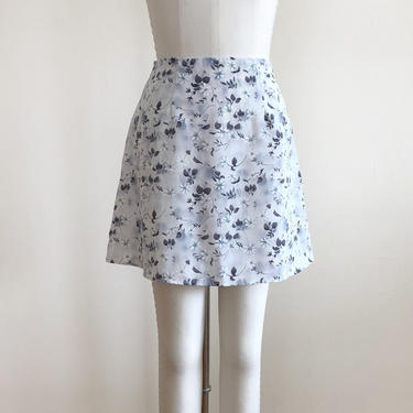 Light Blue and Grey Floral Print Mini Skirt - Early 1990s 