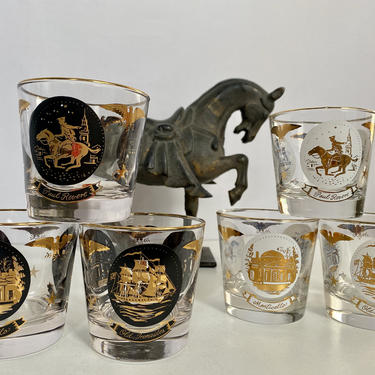 Set of Six Vintage Libby Low Ball Whisky Glasses in 22K Gold Trim - Paul Revere, Old Ironsides, Monticello 