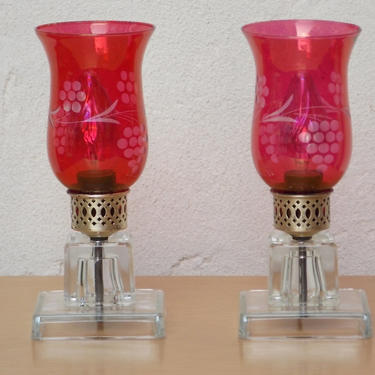 Pair Cranberry Etched Glass Boudoir Lamps 