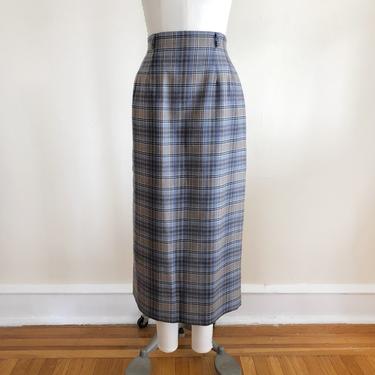 Grey and Blue Plaid Wool Midi Skirt - 1980s 