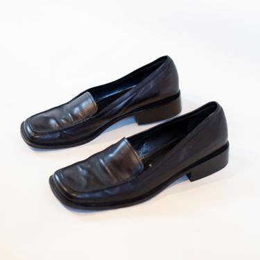 Vintage PRADA Square Toe Loafers in Black Leather sz 38.5 8 8.5 Chunky Minimal Linen Rossa Y2K 