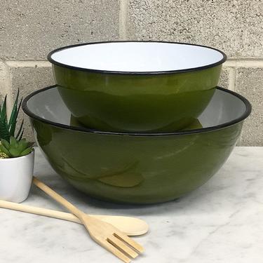 Vintage Enamel Bowl Set Retro 1960s Japanese + Green and White + Metal + 2 Piece Set + Nesting or Mixing + MCM + Kitchen Decor and Storage 