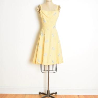 vintage 50s sun dress garden party tea yellow embroidered floral rhinestone S M clothing 