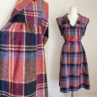Vintage 1970s Plum Plaid Wool Dress / L 