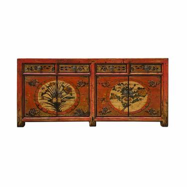 Chinese Distressed Orange Beige Flower Sideboard Table TV Console Cabinet cs6902E 