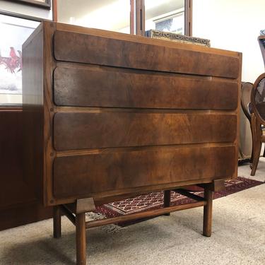 Oak Wood Mid Century Style Dresser with Burl Wood Drawer Front 