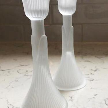One Pair of Vintage Satin Frosted Glass TULIP / Floral CANDLESTICK HOLDERS by LeChalet