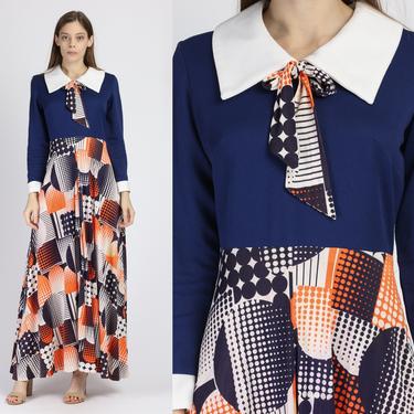 70s Mod Hostess Maxi Dress - Large | Vintage Abstract Print Long Sleeve Collared Retro Dress 