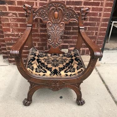 Antique Ornate Hand Carved Mahogany Northwind Throne Chair Newly Upholstered
