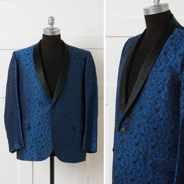 mens vintage 1960s silk brocade dinner jacket • blue rose brocade blazer tux jacket with shawl lapel 