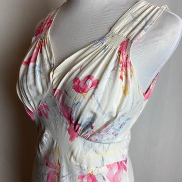 40’s floral cold rayon slip dress~ romantic flower pattern~ bias cut 1940s bombshell gown nighty sexy & sweet dreamy nightgown 