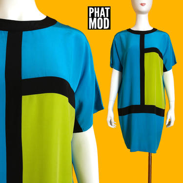 Pop Art Perfection Vintage 90s Blue Green Black Mondrian Color Block Silk Shift Dress 