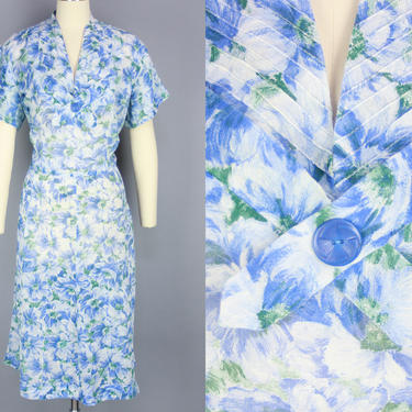1950s Floral Day Dress | Vintage 50s Blue &amp; White Cotton Voile Dress with Button Tab Detail | xl 