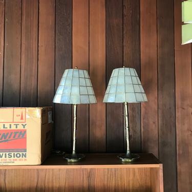 Hollywood Regency Brass Faux Bamboo Lapis Shade Lamps Pair Bedside Lights Vintage Mid-Century Chic Maison Bagues 
