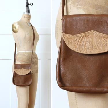 handmade tooled leather purse • cross-body bag in soft brown genuine leather 