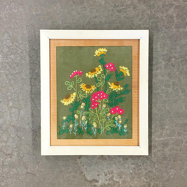 Vintage Floral Crewel 1970's Retro Size 13x15 Colorful Flower Embroidery in White Wood Frame Behind Glass 