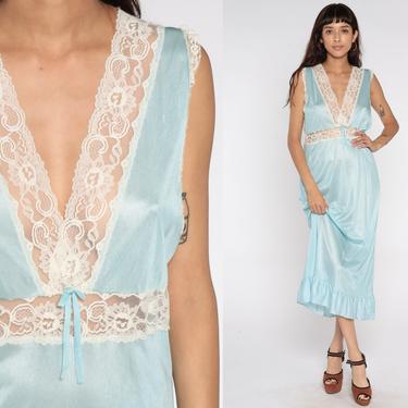 Baby Blue Nightgown Slip Dress 70s Maxi SHEER Nylon Nightgown Lace Lingerie Vintage Pastel Blue Empire Waist V Neck Bohemian Medium Large 39 