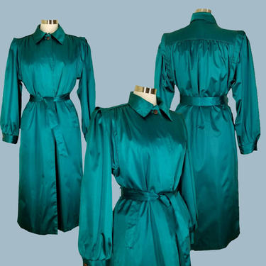 Vintage Green Satin Raincoat, Medium / Deep Teal Belted Trench Coat / Full Length Spring Coat / Retro 1970s 1980s Bright Green Rain Coat 