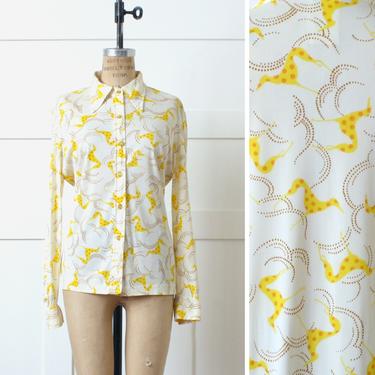 volup vintage 1970s greyhound dogs and clouds shirt • long sleeve novelty print women's white &amp; yellow blouse 