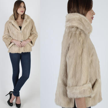 Womens Blonde Mink Coat / Vintage 70s Beige Fur Jacket / Genuine Plush Ivory Fur Back Collar / Red Carpet Cuff Sleeve Opera Jacket 